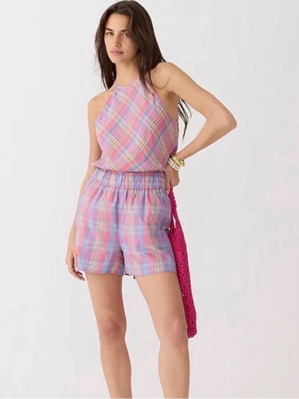 NWT- J. Crew Pink Multi Plaid High-Waist Elastic Shorts